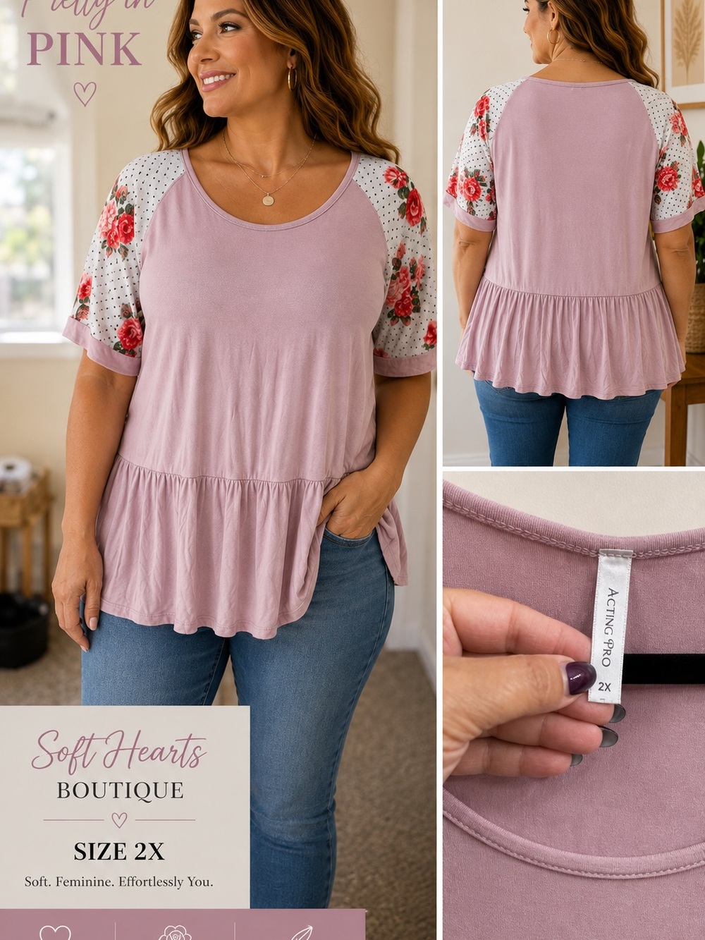 Acting Pro Dusty Pink Peplum Top with Floral Raglan Sleeves